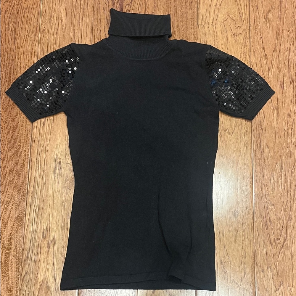 Black Sequin Sleeve Turtleneck Top